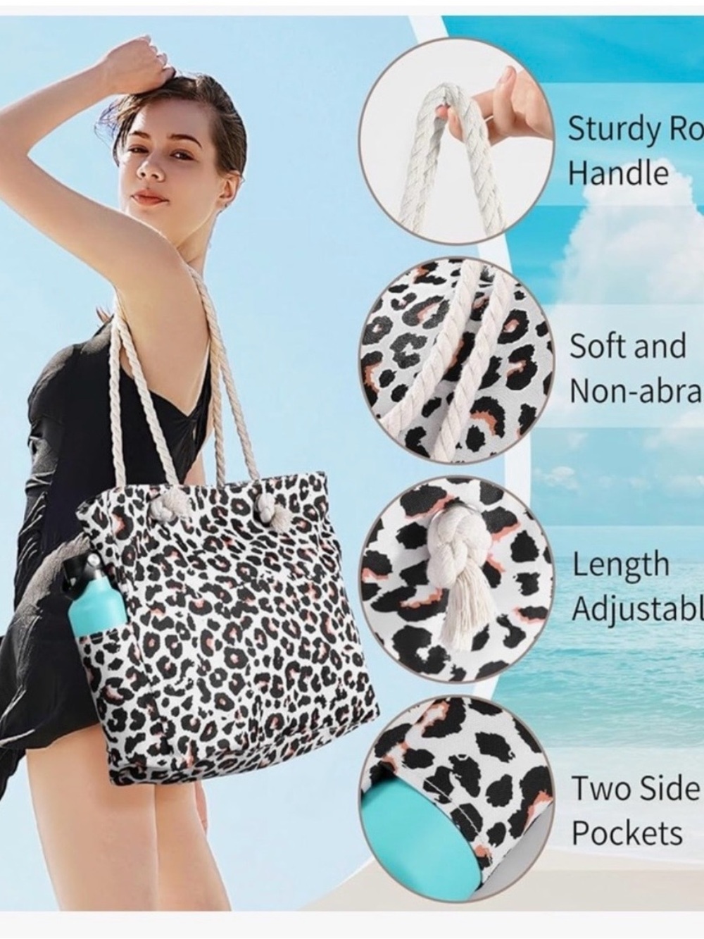 Leopard Print Rope-Handle Tote Bag - Beige/Black - Picture 9 of 10